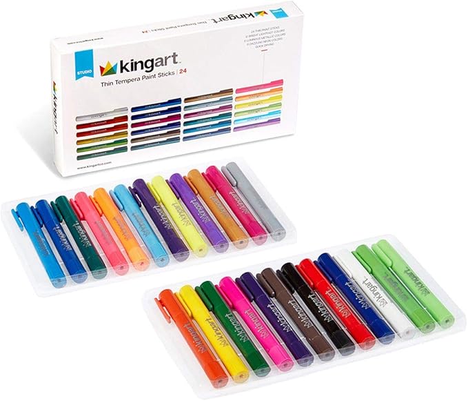 KINGART 574-24 TEMPERA 塗料薄棒,24 種豐富色彩,純色蛋彩顏料,適合兒童,超快乾,無毒,適用於紙張、帆布、木材、玻璃等