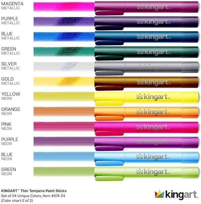 KINGART 574-24 TEMPERA 塗料薄棒,24 種豐富色彩,純色蛋彩顏料,適合兒童,超快乾,無毒,適用於紙張、帆布、木材、玻璃等