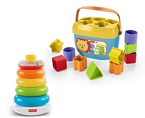Fisher-Price 玩具套裝，包括嬰兒的第一塊積木（10種形狀）和適合6個月以上嬰兒的疊環堆疊玩具（亞馬遜獨家）